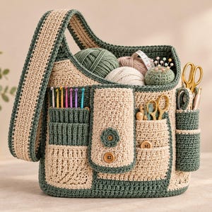 May include: A crochet craft bag in beige and dark green featuring a wide shoulder strap, multiple exterior pockets, and a central flap with two wooden buttons. The bag contains yarn balls, colorful crochet hooks, scissors, and a pin cushion.