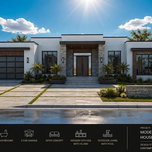 Può includere: Una casa moderna a due piani con esterno bianco, finiture scure e facciata in pietra. La casa ha un garage per due auto, ampie finestre e un giardino con palme. L'indirizzo 1234 è visualizzato su un cartello in pietra. Lo stile è moderno.