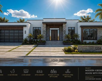 Progetti di case moderne con 4 camere da letto / Un solo piano, piscina, garage per 2 auto (PDF)
