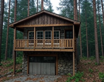 May include: A two-story cabin with a stone base and wooden upper level. The cabin has a balcony with a wooden railing and a garage door. The cabin is surrounded by tall trees.