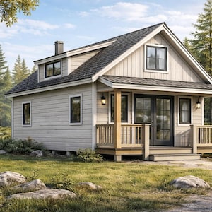 Puede incluir: Una pequeña cabaña de color claro con un tejado gris oscuro y marcos de ventanas negros. La cabaña tiene un porche con barandillas de madera y está rodeada de árboles y hierba verde. El cielo es azul con algunas nubes.