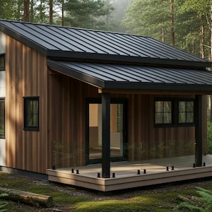 May include: A modern cabin with a black metal roof and wooden siding. The cabin has a porch with glass railings and black window frames. The exterior combines light and dark wood tones. The cabin is surrounded by trees.