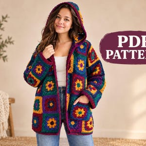 May include: A hooded cardigan made of multi-coloured granny square crochet patches in shades of yellow, red, blue, and green. The garment features long sleeves, a front pocket, and a dark purple trim. A text overlay reads PDF PATTERN.