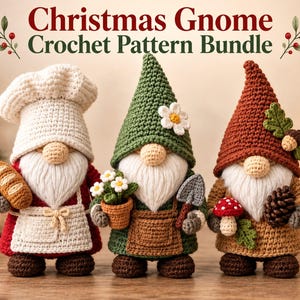 May include: Three crocheted gnomes with white beards and tan noses. The left gnome wears a white chef hat and red apron holding bread. The center gnome has a green hat with a flower, holding a potted plant and shovel. The right gnome wears a brown hat with an acorn and pinecone.