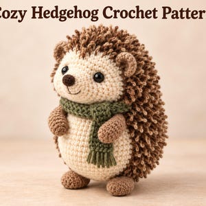 May include: A crocheted hedgehog toy with a cream-colored face and belly, brown textured back, and a dark green scarf. The text 'Cozy Hedgehog Crochet Pattern' is displayed above the figure, which has black bead eyes and a small brown nose.