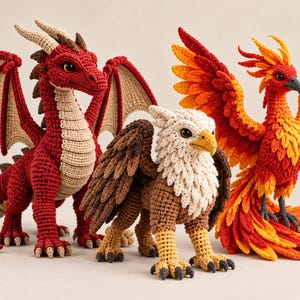 Könnte beinhalten: Drei gehäkelte Fabelwesen: ein roter Drache mit beigen Flügeln und Hörnern, ein braun-weißer Greif mit gelben Krallen und ein leuchtender Phönix mit orangefarbenem, gelbem und rotem Gefieder, alle mit detaillierten Maschen und dunklen Augen.