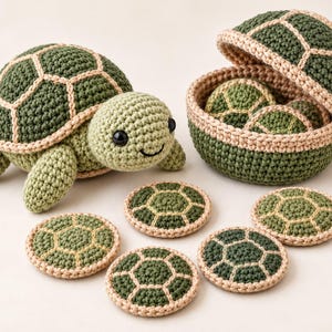 Jogo da Memória de Tartaruga em Crochê - Padrão, Jogo de Combinar, Brinquedo de Crochê, Fichas em Formato de Casco, Ninho de Armazenamento, Amigurumi - Download Digital em PDF