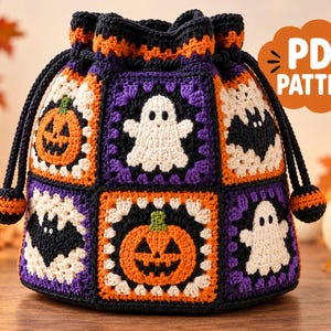 Mönster för fyrkantig Halloween-väska med mormor, virkad väska, motiv med spökpumpa och fladdermus, dragskoväska, digital PDF-nedladdning
