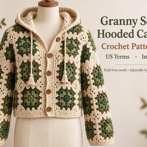 Crochet Granny Square Hooded Cardigan Pattern, Boxy Boho, Intermediate, PDF Download
