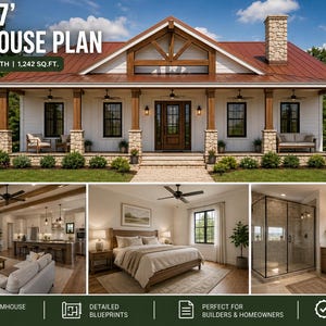 May include: A farmhouse plan with a red roof, white cladding, and a porch. The plan is 14.02 metres by 8.23 metres and includes 3 bedrooms, 2 bathrooms, and 115.39 sq. metres. The image shows interior design ideas.