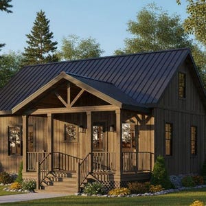 May include: A rustic, wooden cabin with a dark gray metal roof. The cabin has a porch with a railing and stairs. The exterior is made of vertical wooden planks. The cabin is surrounded by trees and greenery.