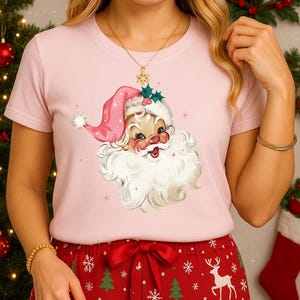 Pink Santa Christmas Retro T-Shirt: Family Shirts for Women Vintage Holiday Crewneck Group Party Matching Shirt Gift for Christmas
