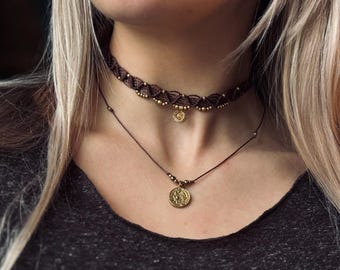 Macrame Boho Choker Necklace | Customizable | Charm Necklace | Gift Idea | Festival Jewelry | Brass Pendant | Handmade | Vegan