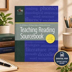 以下が含まれることがあります： Teaching Reading Sourcebook Third Editionは、青と緑の教育用書籍です。表紙には、reading, phonics, phonological awareness, word structure, fluency, vocabulary, comprehension, strategies, informational, literature, print, prosody, decoding, word recognitionというテキストが記載されています。