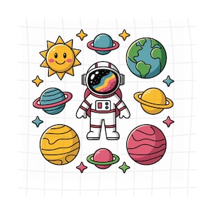 Astronauta (Png), Diseño de sublimación, Dibujos animados del espacio (Png), Planetas coloridos (Png), Diseño de camiseta, Sudadera (Png)