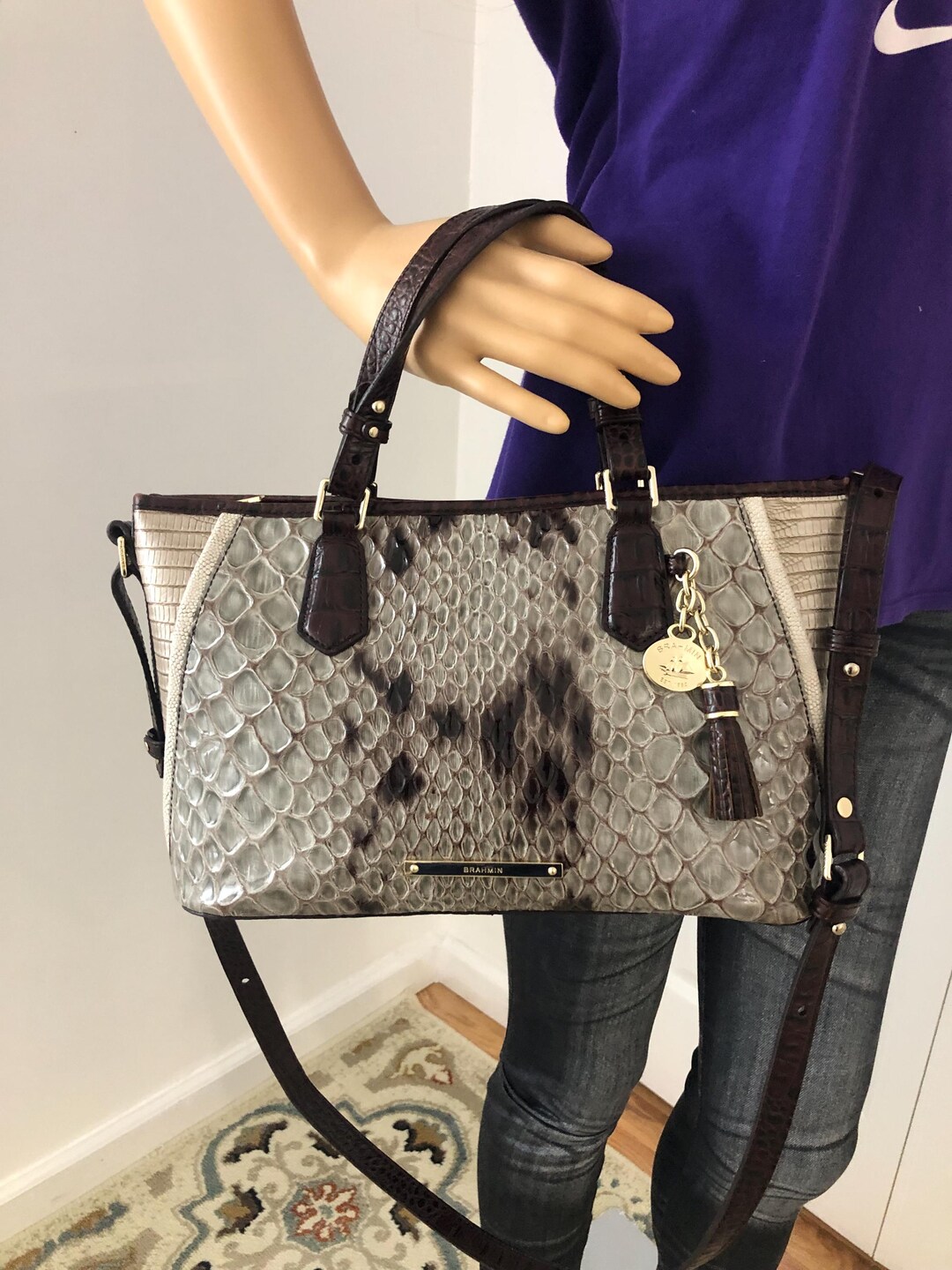 Brahmin Women's Embossed Leather Satchel Brown Size Regular main image 1