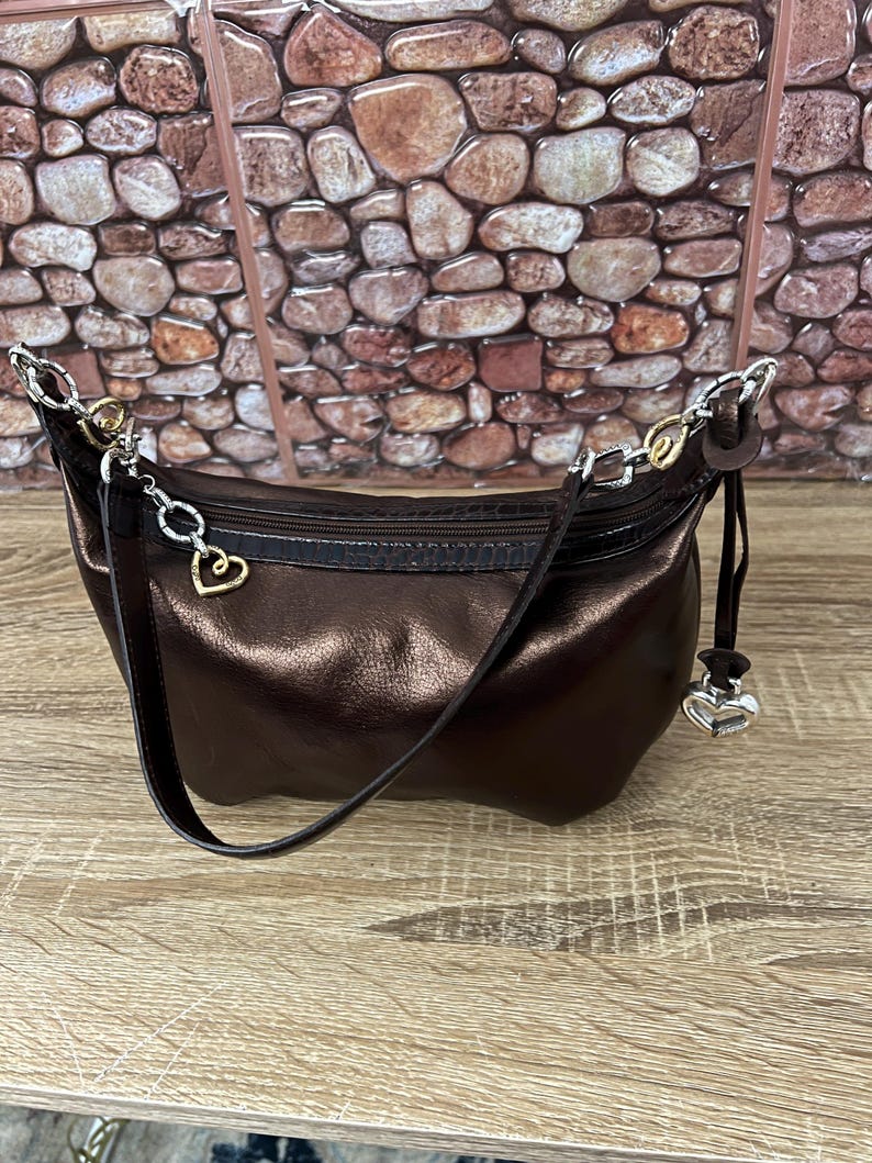 May include: A metallic brown shoulder bag with a curved shape. The bag has a black zipper and a long, thin strap. Silver-toned chain and heart-shaped charms adorn the bag. The background features a stone wall.