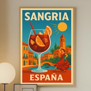 Sangria Spanien – Vintage Cocktail Poster zum Download | Digitales Poster mit mediterraner Vorspeise | Retro Küche & Bar Kunst – Druckbare Kunst