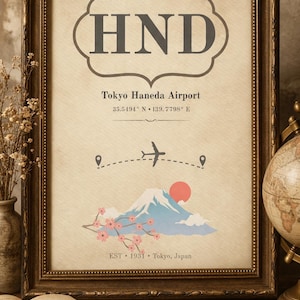 以下が含まれることがあります： 「HND」と「東京羽田空港」の文字が入った額入りプリント。山、桜、朝日を描いたイラストが特徴です。茶色のフレームに入っており、「EST 1931 Tokyo, Japan」の文字も含まれています。