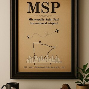 May include: Framed print featuring "MSP" and "Minneapolis-Saint Paul International Airport" in black text on a tan background. Includes a map of Minnesota, an airplane, and a skyline. A black mug with "MINNESOTA" is on the table.