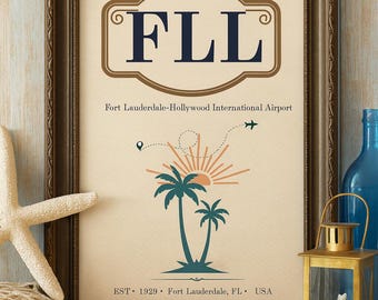 FLL Airport Poster - Fort Lauderdale Vintage Travel Print - Florida Airport Code Art ( Digital Download)