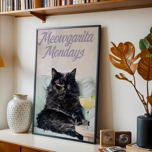 Meowgarita Mondays – Fluffy Black Cat Wall Art (Digital Download) - Bar cart decor - Cat gift.