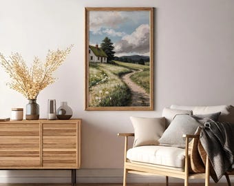 Vintage Country Landscape Art Print: Rustic Farmhouse (Digital Download)