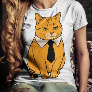 Funny Grumpy Cat T-Shirt | Cute Orange Cat in Tie PNG Design | Cat Lover Shirt Mockup | Sublimation Clipart for Pet Lovers & Etsy Sellers