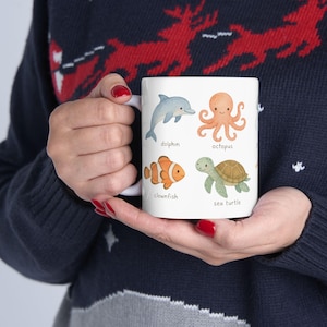 Marine Animals Ceramic Mug, Watercolor Ocean Life Tea Cup, Sealife Coffee Mug, Nautical Sea Creature Cup, Underwater Hand-Drawn Drinkware,