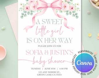 Invitación para baby shower con lazo rosa, invitación floral para baby shower de niña, invitación con lazo para baby shower de niña dulce, Canva editable