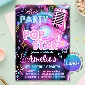 May include: A bright invitation for a 5th birthday party, with a neon design and the text "Let's Party Like a Pop Star." The invitation features a pink microphone, musical notes, and the name "Amelie's". Details include the date, time, and location.