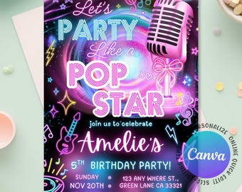 Popstar-Musik-Geburtstagseinladung, Popstar-Geburtstagsfeier, Neon-Glow-Party wie ein Popstar-Mädchen-Geburtstag laden ein, bearbeitbare Canva-Vorlage