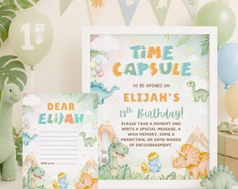 Cartello Capsula del Tempo a tema dinosauri stampabile, Cartello e biglietto Capsula del Tempo a tema dinosauri, Decorazioni per il primo compleanno a tema dinosauri per bambino, Tela modificabile