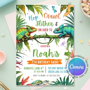 Reptile Birthday Invitation, Reptile Invitation, Slither, Hop and Crawl Invite, Snake Birthday Party, Outdoor Birthday, Editable Canva