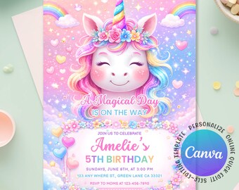 Unicorn Rainbow Girl’s Birthday Invitation, Unicorn Birthday Invitation, Pink Unicorn Invite, Rainbow Birthday, Editable Canva Template
