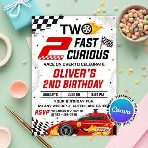 May include: A red and white birthday invitation with a chequered flag and a red race car. The invitation says "Two Fast Curious" and "Oliver's 2nd Birthday".