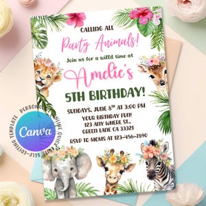 Party Animals Birthday Invitation, Safari Wild Animals, Girl Birthday Party Animals, Safari Animal Birthday Girl Invitation, Editable Canva