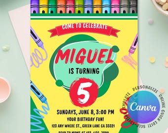 Invitación de cumpleaños con colores de crayón, invitación de cumpleaños colorida, invitación de crayón, invitación de cumpleaños artística, invitación artística, Canva editable