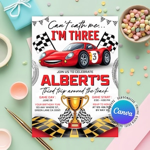 May include: A red race car birthday invitation with the text "Can't catch me... I'm Three". The invitation includes the name "Albert's" and details for the party, such as the date, time, and location. A gold trophy is also featured.