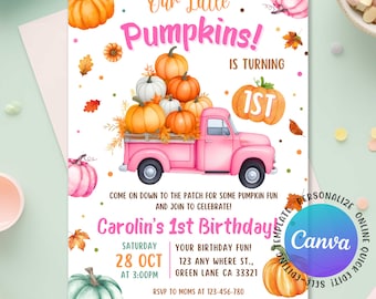 Our Little Pumpkin 1st Birthday Invitation, Littke Pumpkin First Birthday Girl Fall Birthday Invite, Pumpkin Theme Autmn One, Editable Canva