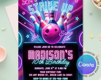 Bowling Birthday Invitation, Girl Bowling Party, Let's Strike Up Some Fun, Strike Up Some Fun, Neon Glow Bowling Invitation, Editable Canva