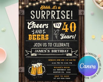 Cheers and Beers Surprise Birthday Party Invitation, Beer Surprise Party Invita, It's a Surprise Beer Celebration Invite, Editable Canva