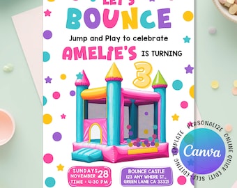 Könnte beinhalten: Eine farbenfrohe Geburtstagseinladung mit dem Text "LET'S BOUNCE" und "AMELIE'S IS TURNING 3". Das Design zeigt eine rosa, blaue und gelbe Hüpfburg, umgeben von Punkten und Sternen. Die Einladung enthält Eventdetails.
