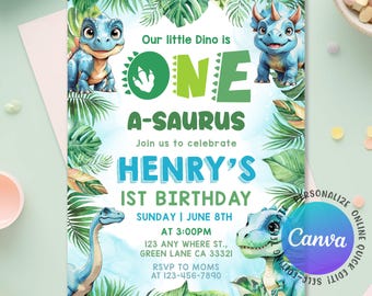 Dinosaur 1st Birthday Invitation, One-A-Saurus 1st Birthday Invite, Dinosaur Invitation, Boy 1st Birthday Invitation, Editable Canva