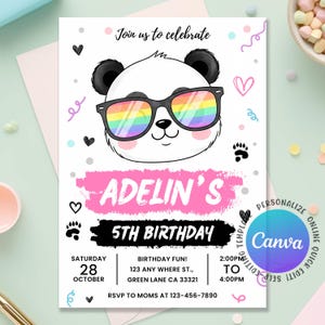 May include: A birthday party invitation featuring a panda wearing rainbow sunglasses. The invitation includes the text "Adelin's 5th Birthday" and event details. Decorative elements include hearts, paw prints, and swirls. The Canva logo is visible.