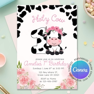 Heilige koe verjaardagsuitnodiging, uitnodiging cowgirl, heilige koe meisje 1e verjaardag uitnodigen, uitnodiging Holly Cow, Barnyard Party, bewerkbare Canva