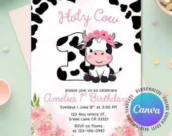 Invitación de cumpleaños de vaca sagrada, invitación de vaquera, invitación de primer cumpleaños de vaca sagrada, invitación de vaca acebo, fiesta en el corral, Canva editable