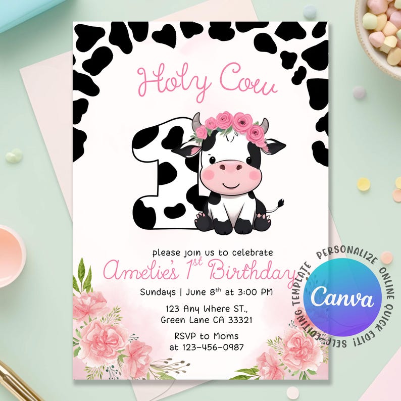 cow first birthday,cow birthday,Girl 1st Birthday,holy cow party evite,holy cow birthday,holy cow invite,ranch 1st birthday,holy cow invitation,cow invitation,moo moo birthday,cow first birthday,Cow evite,cow birthday,baby cow invitation,Editable Canva,Canva Template,farm birthday