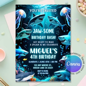 Shark Birthday Invitation, Sharktastic Birthday Invitation, Under The Sea Birthday Invitation, Ocean Theme Kids Party Invite, Editable Canva