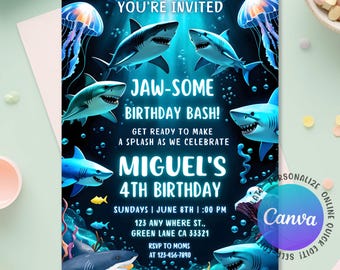 May include: A vibrant invitation card with a deep blue underwater scene featuring cartoon sharks and jellyfish. The text reads "YOU'RE INVITED" and "JAW-SOME BIRTHDAY BASH!" for Miguel's 4th birthday. Includes event details and RSVP information.